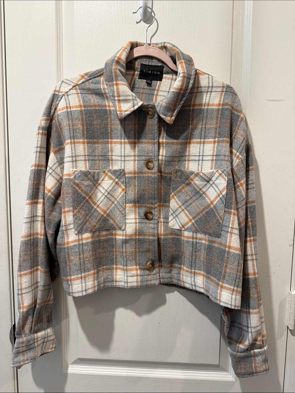 EUC TIMING Cropped Plaid Button-Front Jacket in Gray, Cream & Brown